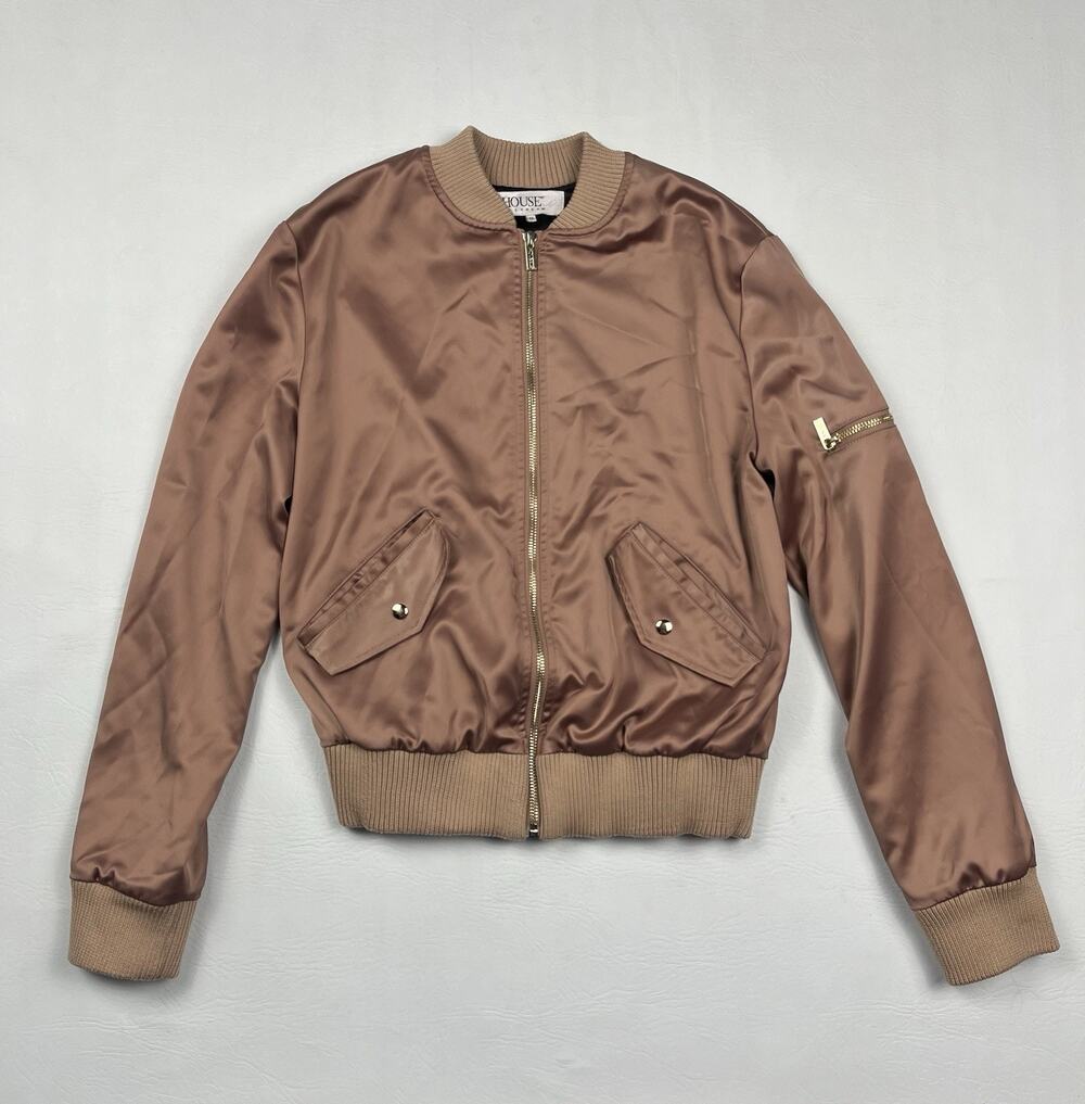 House Of CB Bomber Jacket Women's Medium Rose Gold Pink Satin Zipper Pockets